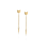 Gold-plated drop earrings shaped as cat head with chain and spike at the end.