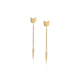 Gold-plated drop earrings shaped as cat head with chain and spike at the end.