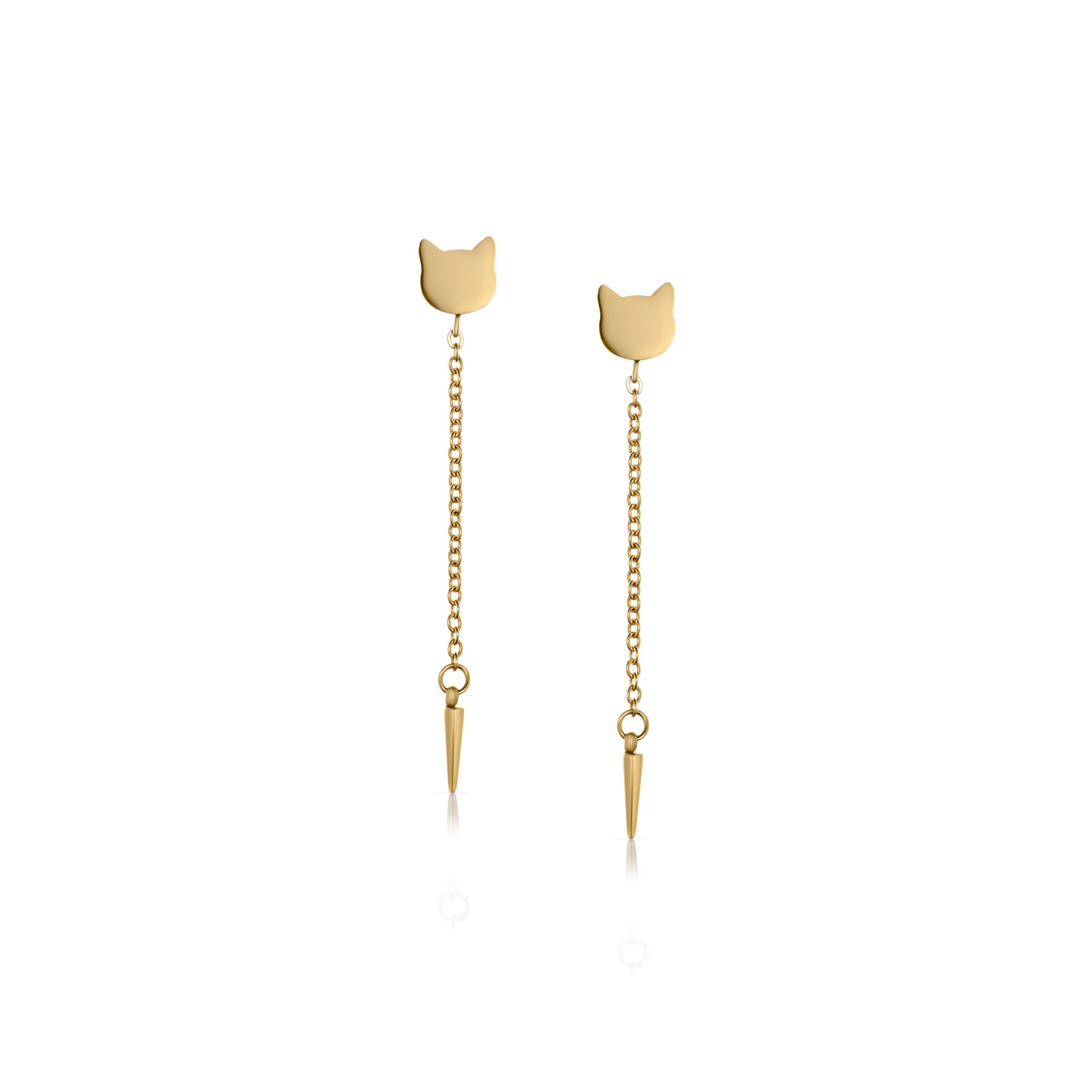 Gold-plated drop earrings shaped as cat head with chain and spike at the end.