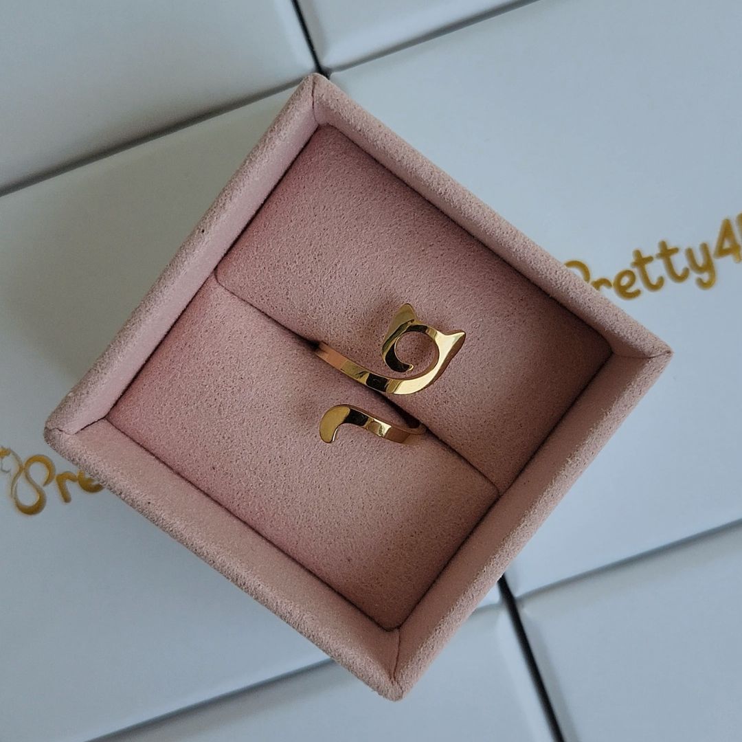 Minimalistic gold cat ring displayed in the elegant jewellery box.
