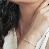 Model' hand is visible wearing a stainless steel bracelet featuring cat mom letters.