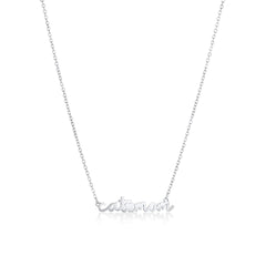 A product image featuring silver necklace with handwritten-style cat mom letters with heart in the middle.