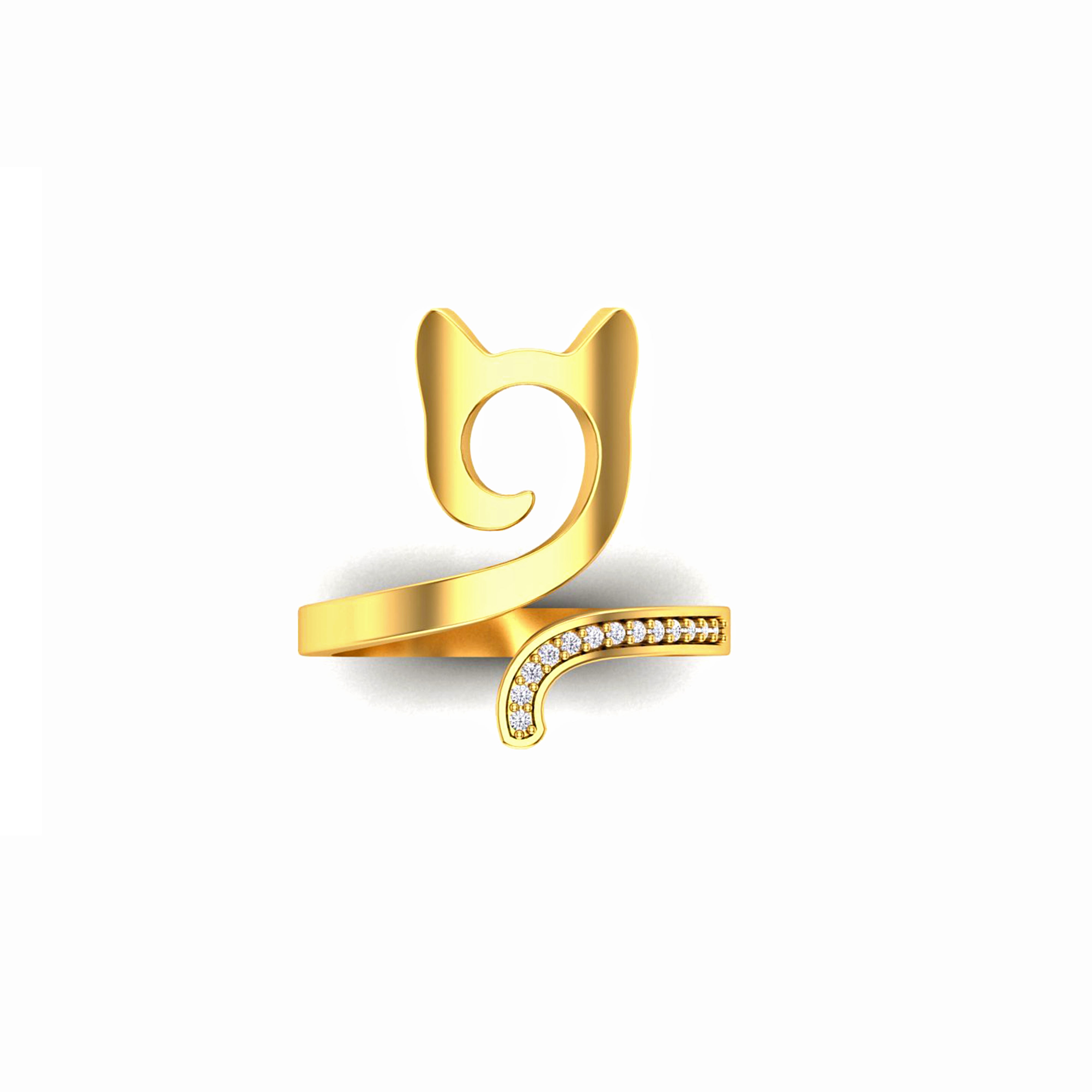 A product image of elegant gold ring shaped as a cat head with stones.