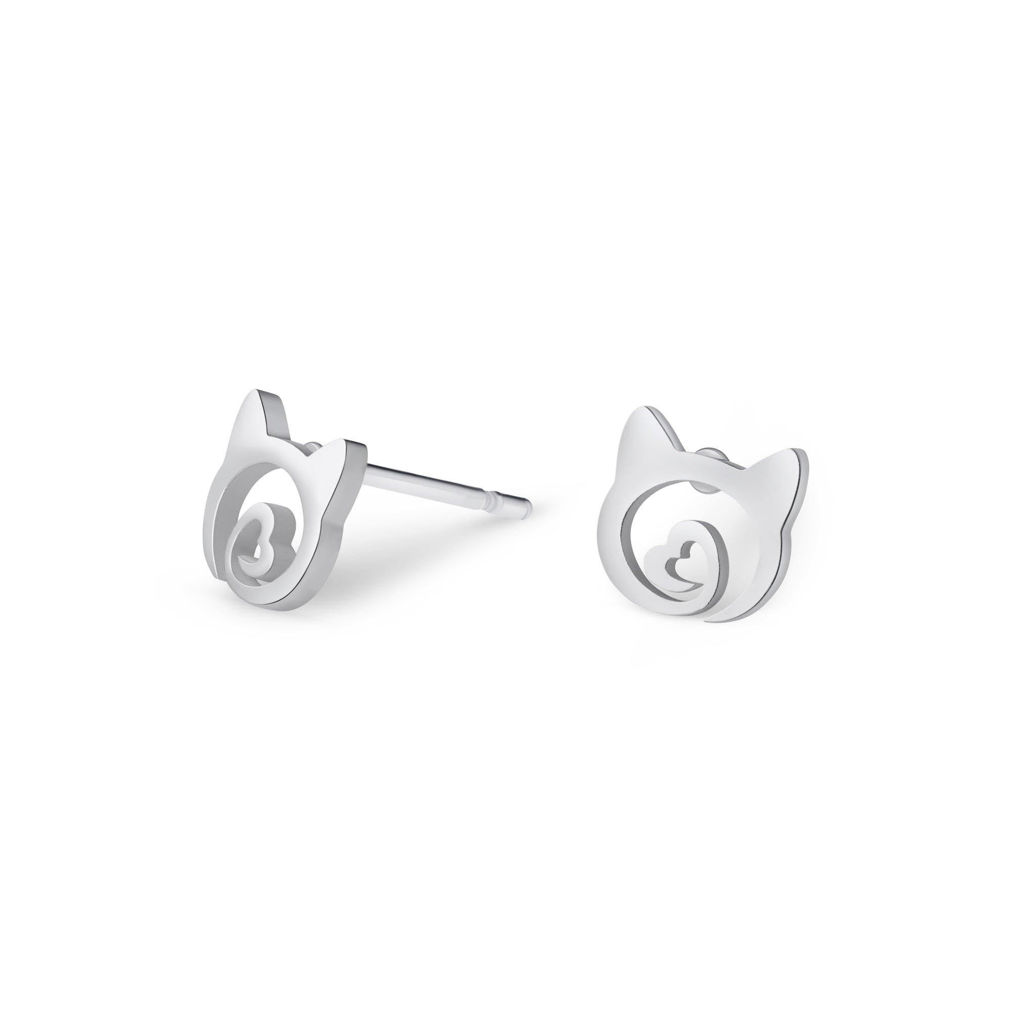 Stainless steel stud earrings in the shape of cat head with little heart in the middle.