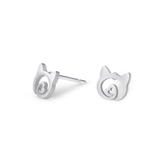 Stainless steel stud earrings in the shape of cat head with little heart in the middle.