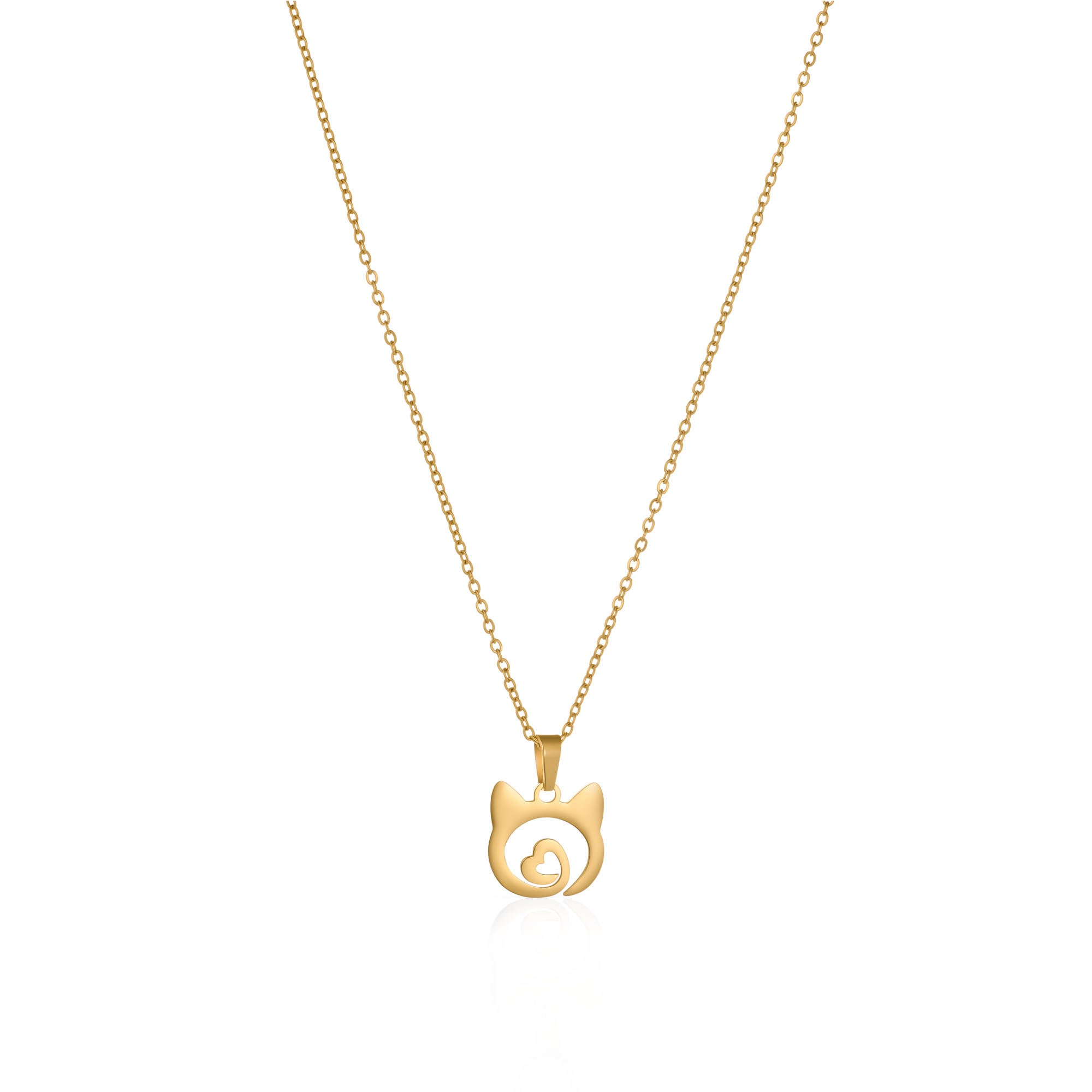 Elegant gold-plated cat pendant with a heart detail, a timeless piece for cat lovers.