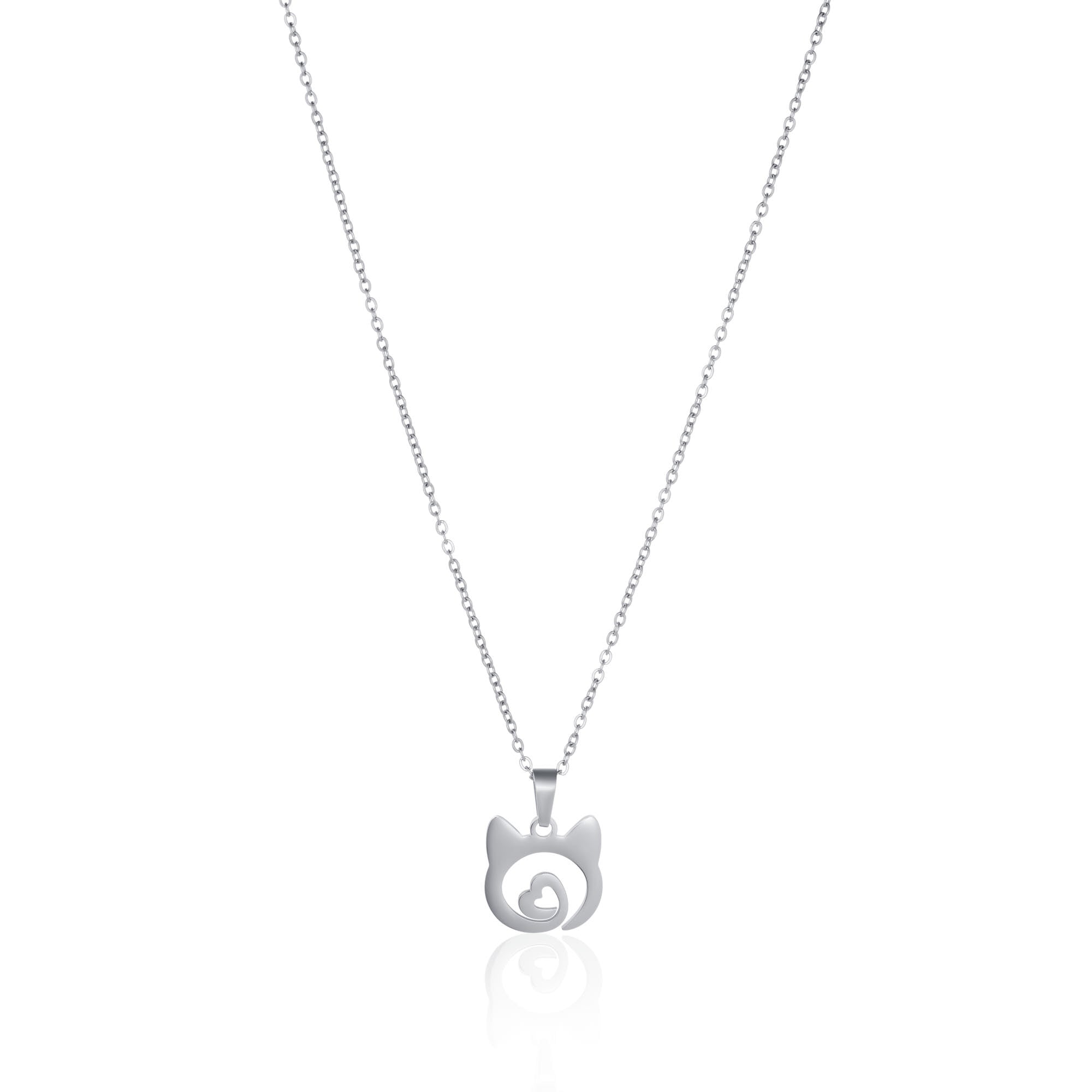 Minimalist silver necklace featuring a cat head silhouette with a heart detail inside, perfect for everyday wear.