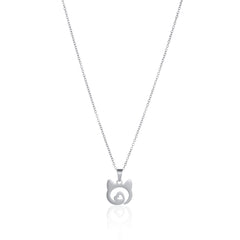 Minimalist silver necklace featuring a cat head silhouette with a heart detail inside, perfect for everyday wear.