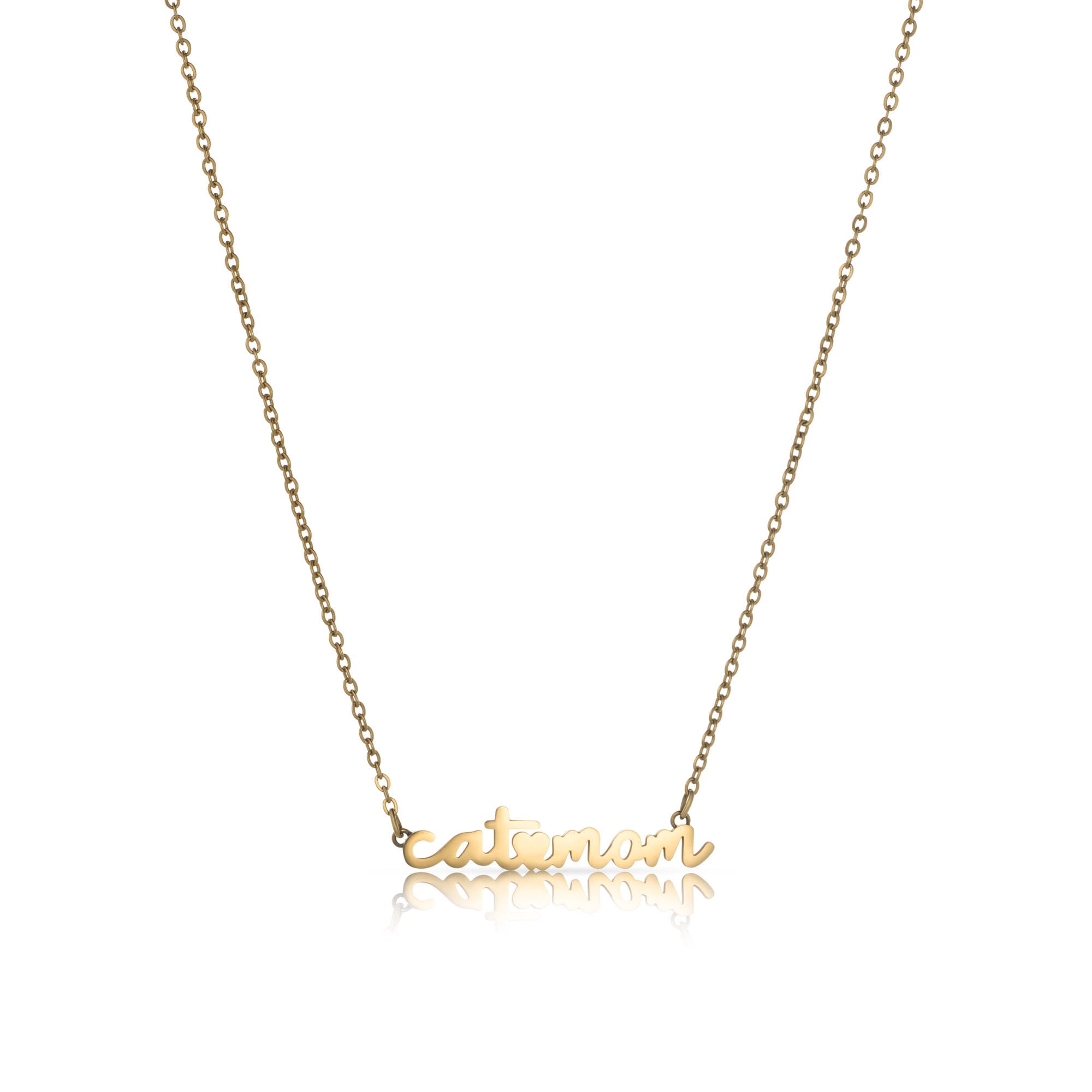 Image showing gold necklace with pendant featuring cat mom letters.