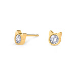 Elegant gold stud earrings in the shape of round cat head with zirconia stone in the middle.