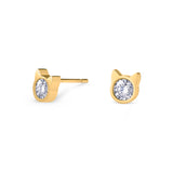 Elegant gold stud earrings in the shape of round cat head with zirconia stone in the middle.