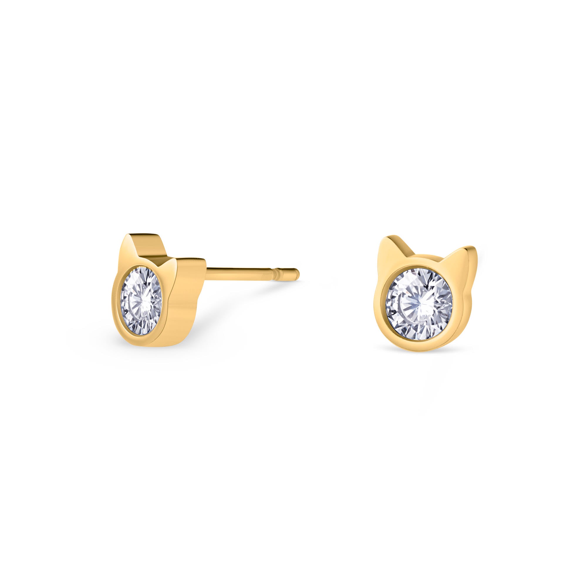 Elegant gold stud earrings in the shape of round cat head with zirconia stone in the middle.