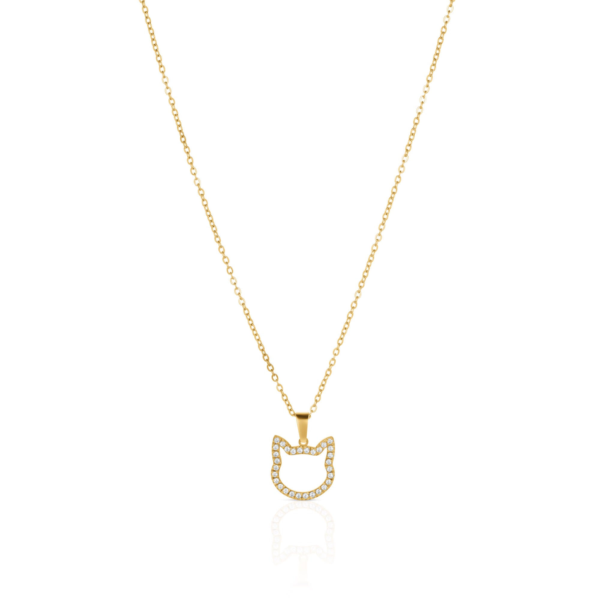 Elegant gold-plated cat silhouette necklace with shimmering stones, perfect for everyday wear.