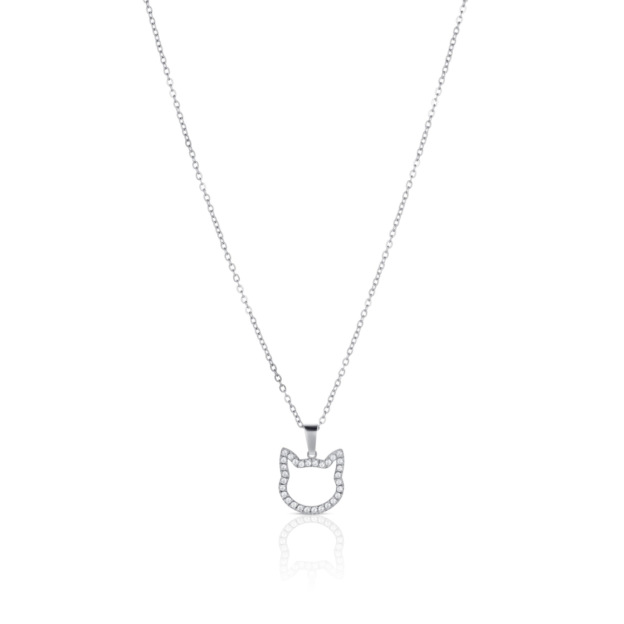 Shimmering silver cat silhouette necklace with a sleek and modern design.