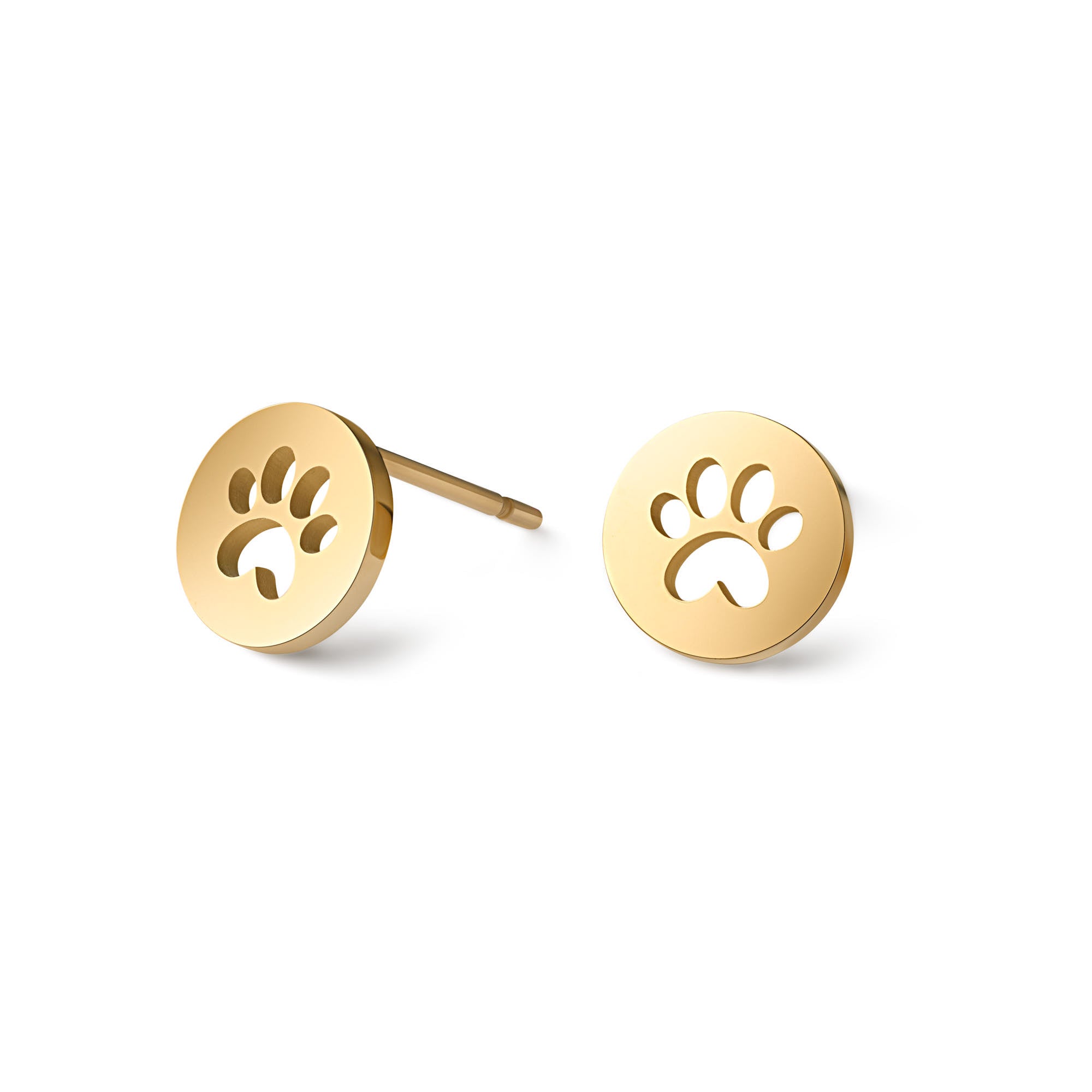A cute round gold-plated stud earrings with the paw print in the middle.