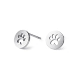 Stainless steel round shaped stud earrings with the paw print in the middle.