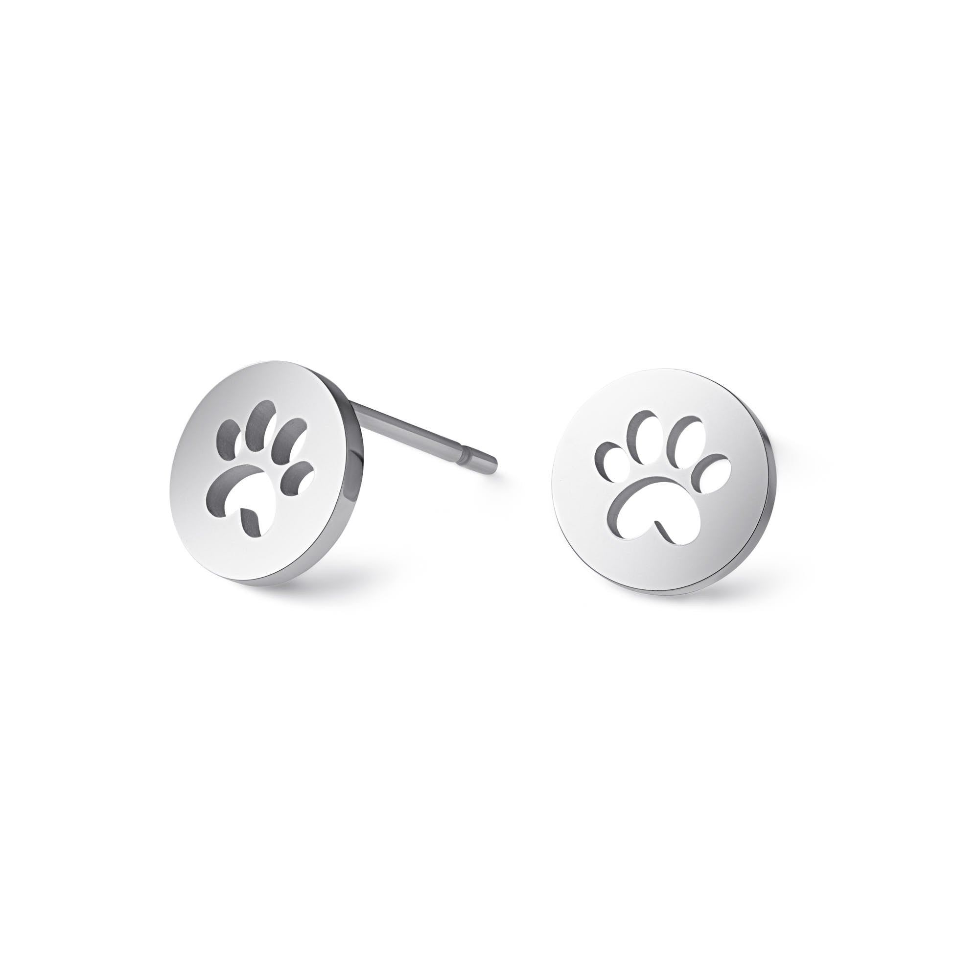 Stainless steel round shaped stud earrings with the paw print in the middle.
