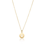Elegant gold paw print necklace with a round charm, ideal for everyday wear or special occasions.