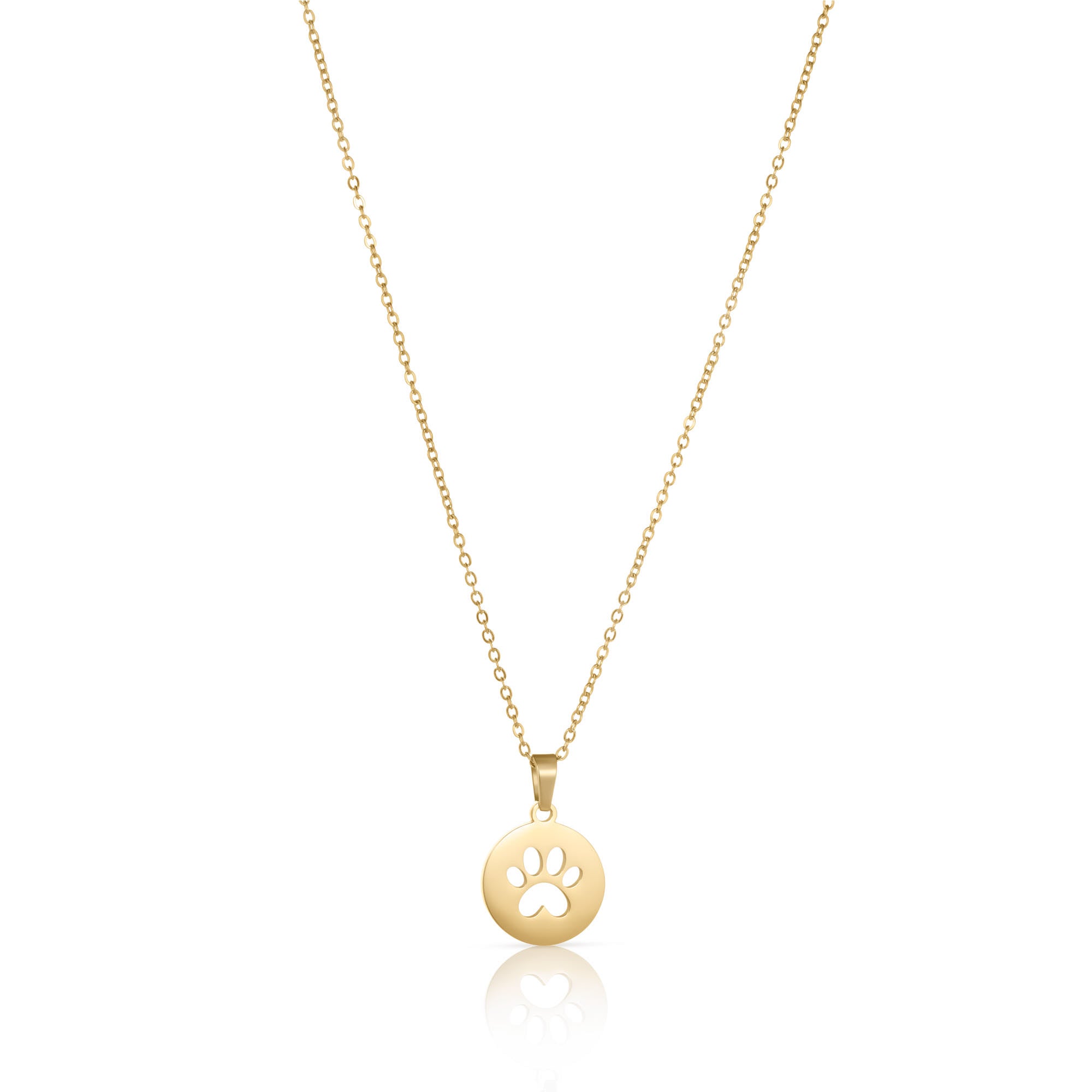 Elegant gold paw print necklace with a round charm, ideal for everyday wear or special occasions.