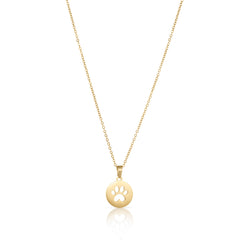 Elegant gold paw print necklace with a round charm, ideal for everyday wear or special occasions.