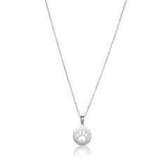 Simple and elegant stainless steel necklace with round pendant and cut-out paw print.