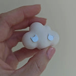 Short video showing silver stud earrings in the shape of cute cat head.