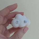 Video showing stainless steel stud earrings shaped as cat head with zirconia in the middle.