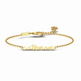 Product image showing a gold bracelet with handwritten-style cat mom pendant. 