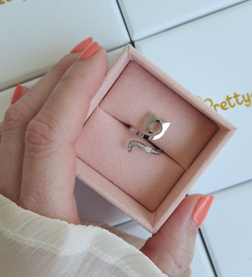 Beautiful silver cat ring decorated with zirconia stones, displayed in elegant jewellery box.