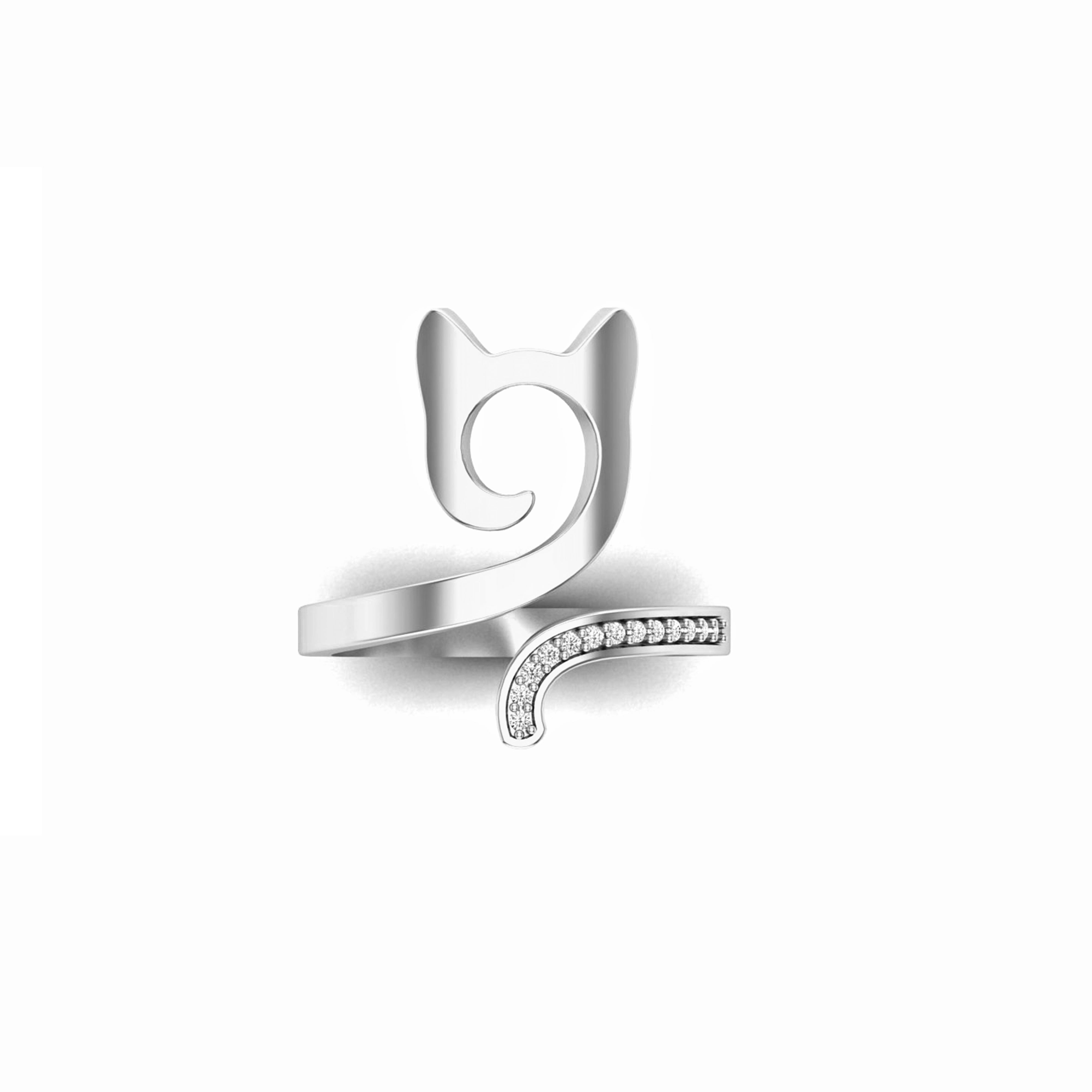 A product image of an elegant cat-shaped ring in silver, decorated with zirconia stones. 