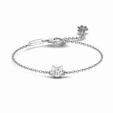 Silver-tone Kitty’s Sparkle bracelet with a round clear centre in a cat-head setting, fine chain and paw-shaped extension tag.