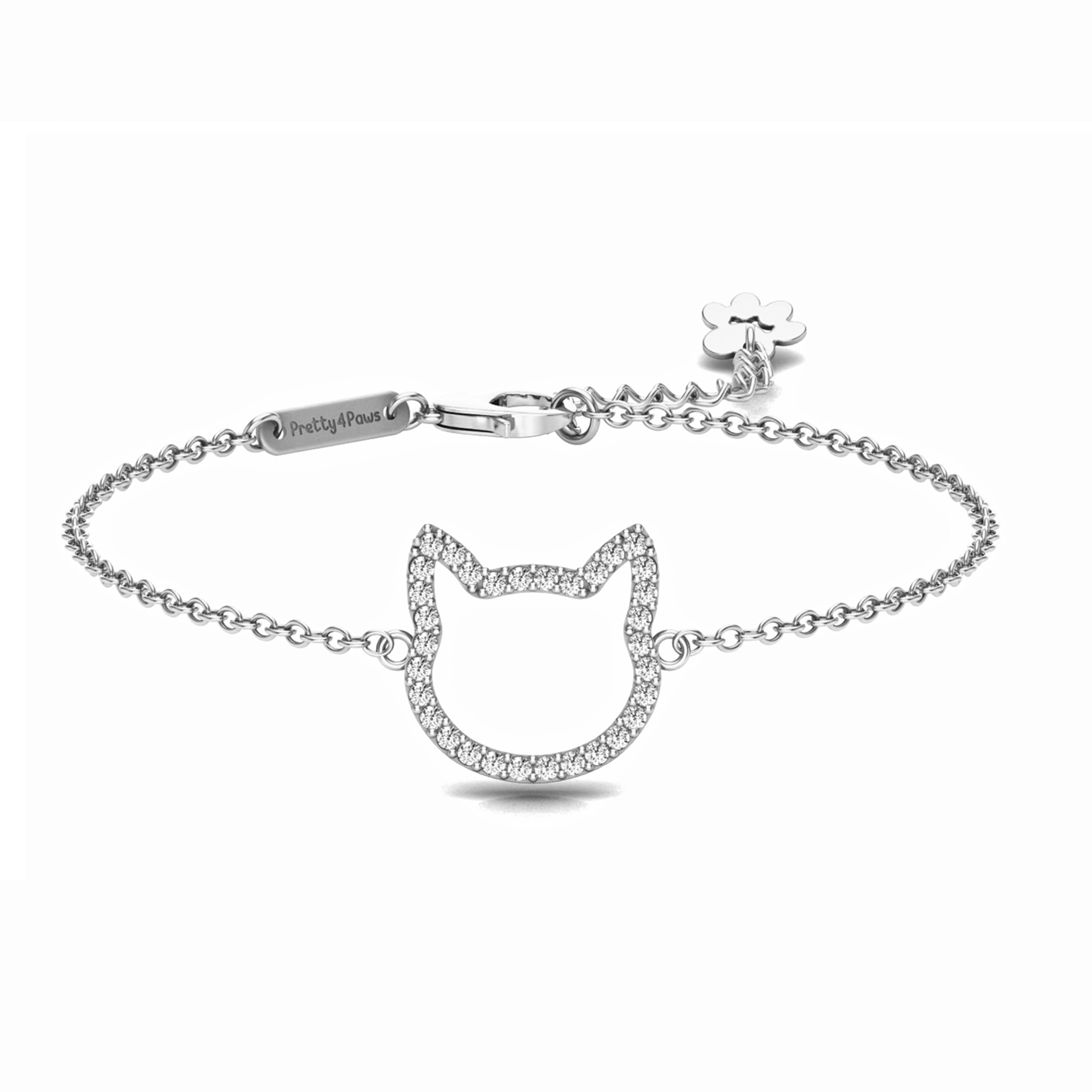 A rendered image showing a silver chain bracelet featuring a cat-shaped outline charm paved with small clear stones, shown on a clean white background. The clasp is engraved with the brand name 'pretty4paws".