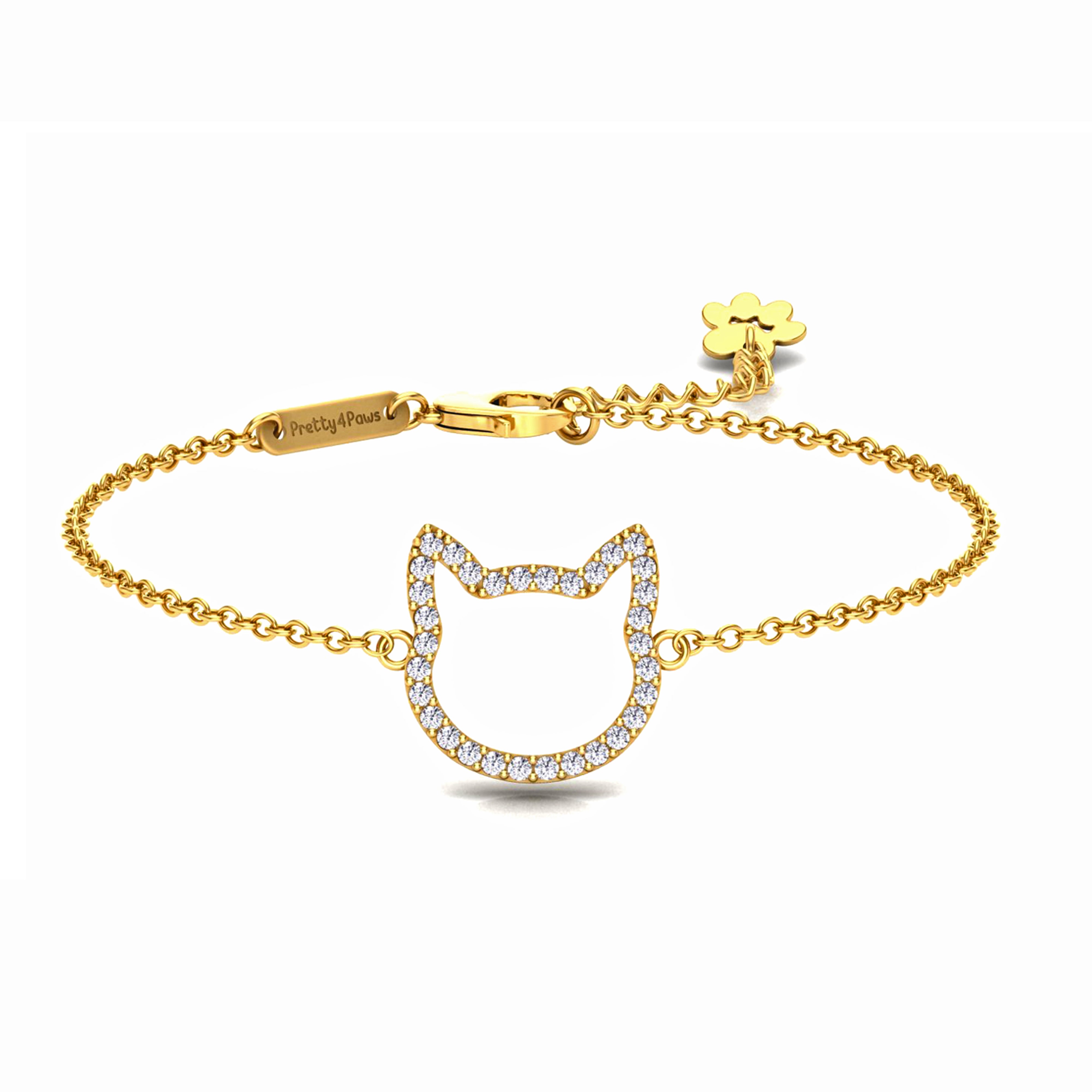 A render image of Magical Meow gold-plated bracelet featuring shape of the cat head with shiny zirconia.
